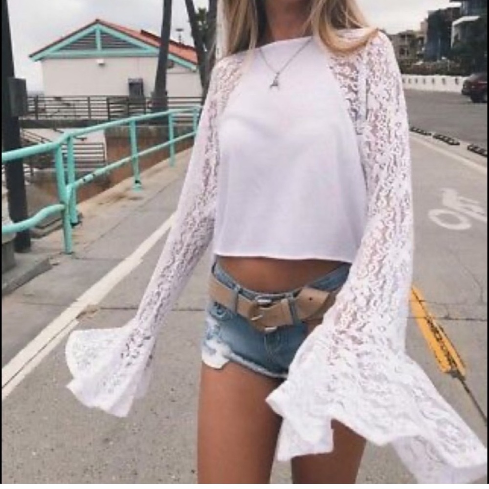 LF Cream Crochet Lace Bell Sleeve Top